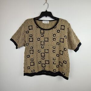 Vintage Joan Leslie Gold Black Sequin Knit Top XL Evening Party Blouse Geometric